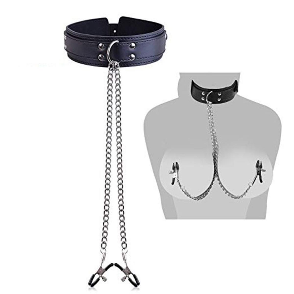 Gargantilha em Couro com Prendedor de Mamilos Ref.11064